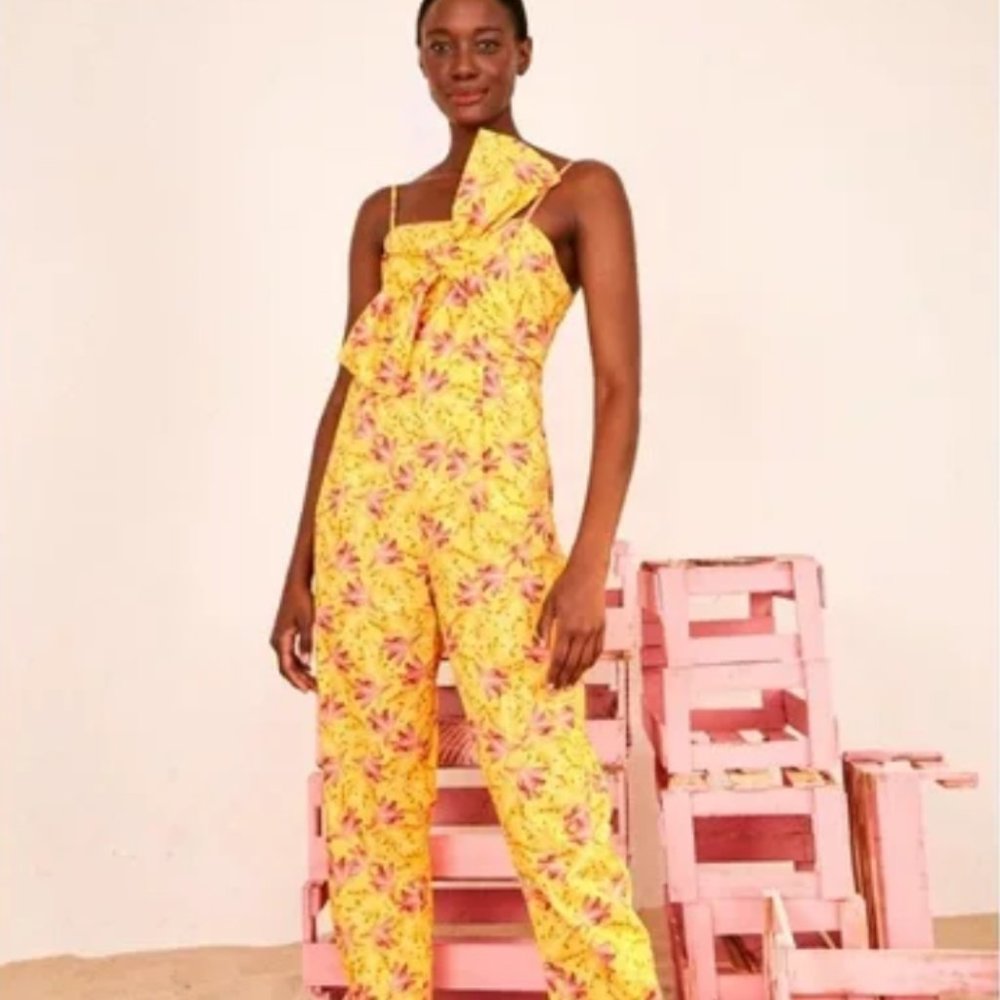 Farm Rio Banana Yellow Sunshine Banana Bow Top Jumpsuit